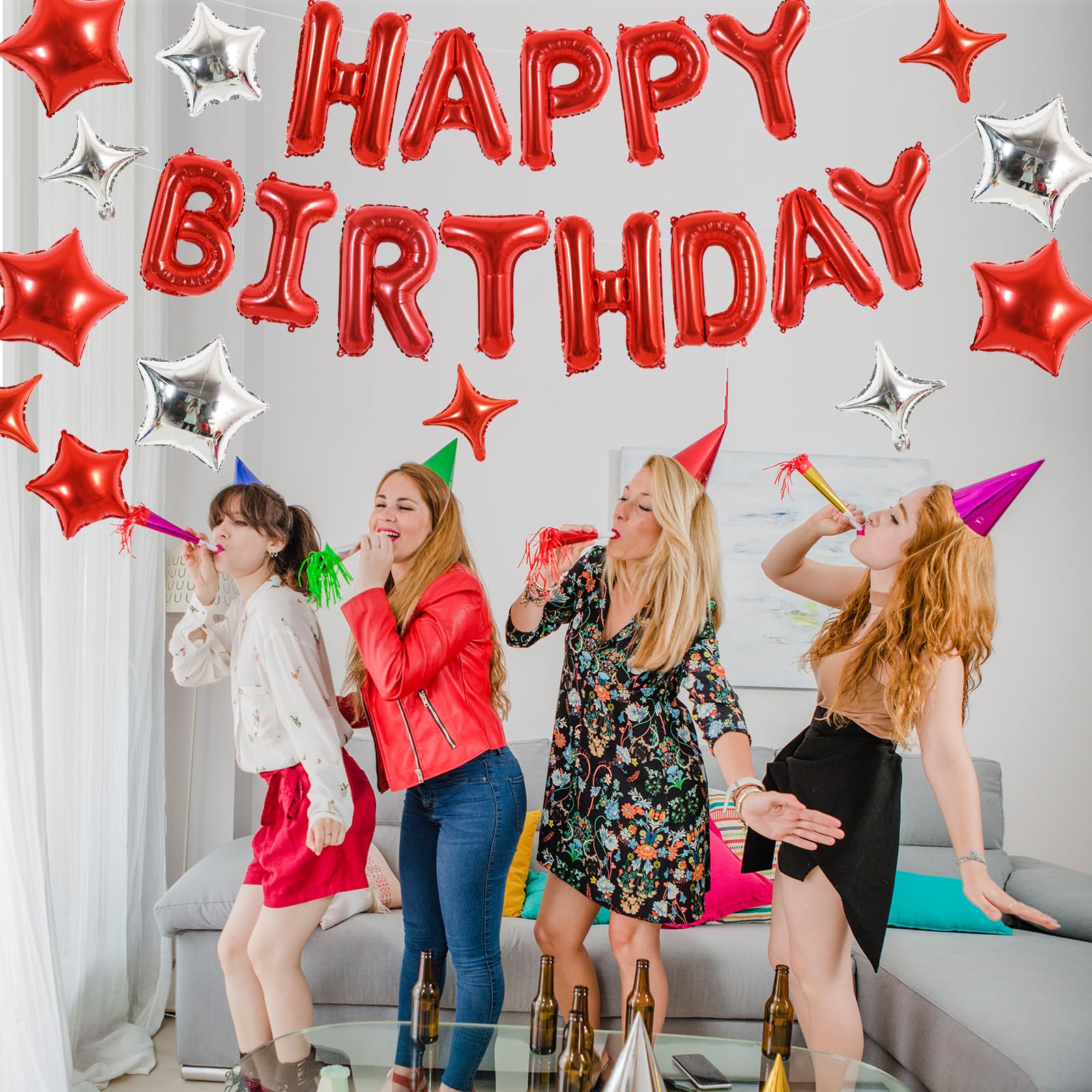 TONIFUL 35PCS Red Happy Birthday Decorations Kit — 16-Inch Balloon Banner + Star Balloons