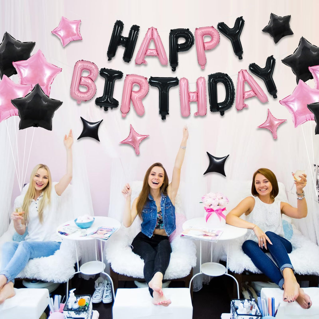 TONIFUL 35Pcs Black Pink Happy Birthday Decorations Kit – 16 Inch Foil Letter Banner & Star Balloons