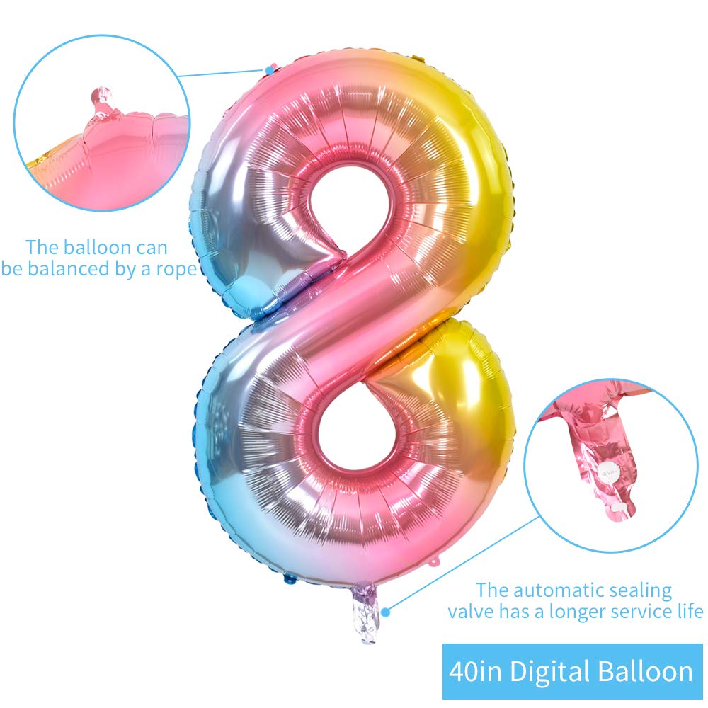 TONIFUL 40-Inch Rainbow Number Balloons (0-9) – Digital 8, Foil Mylar Big Numeral Balloons for Birthday & Anniversary