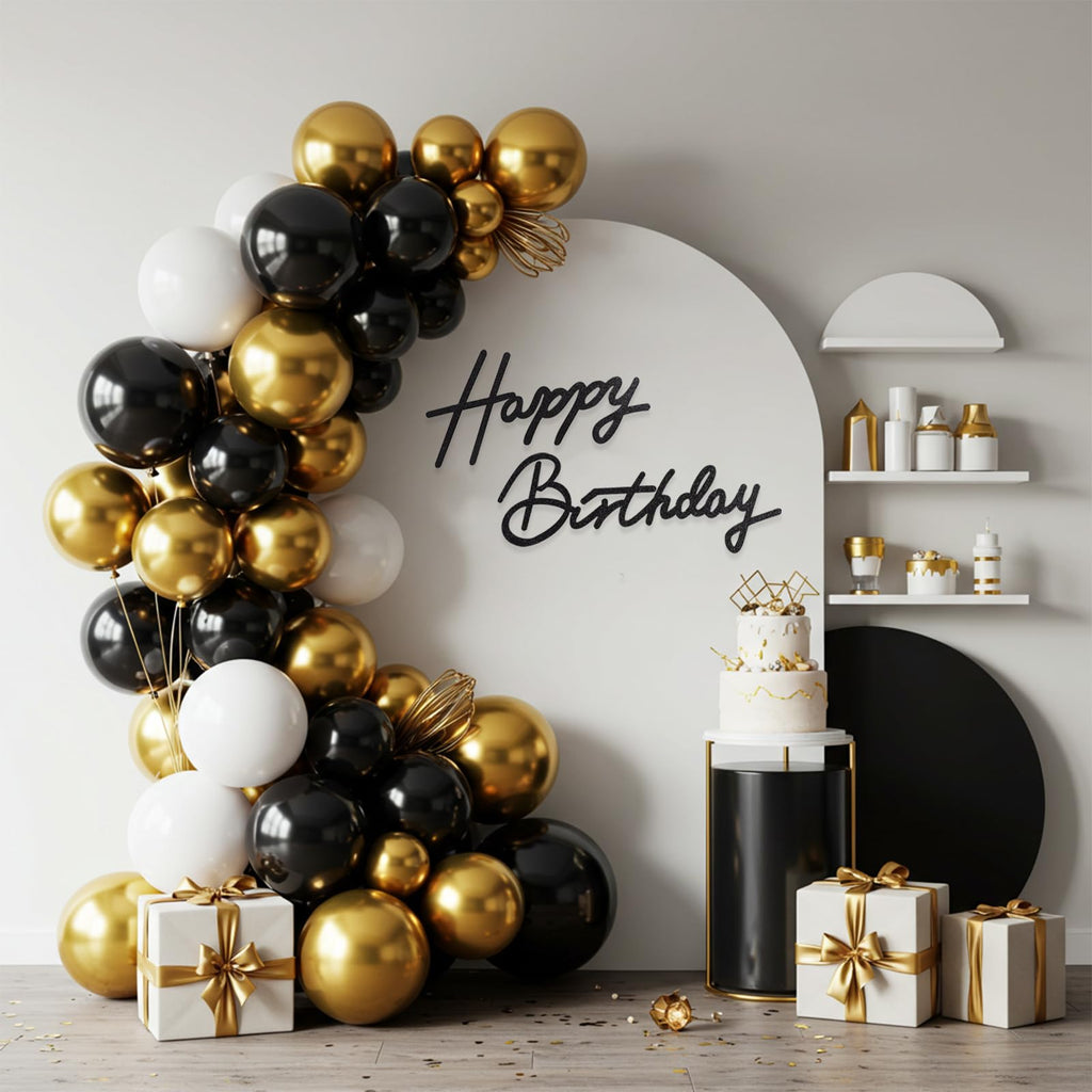 TONIFUL Happy Birthday Sign for Backdrop — Glitter Black Felt Banner with Glue