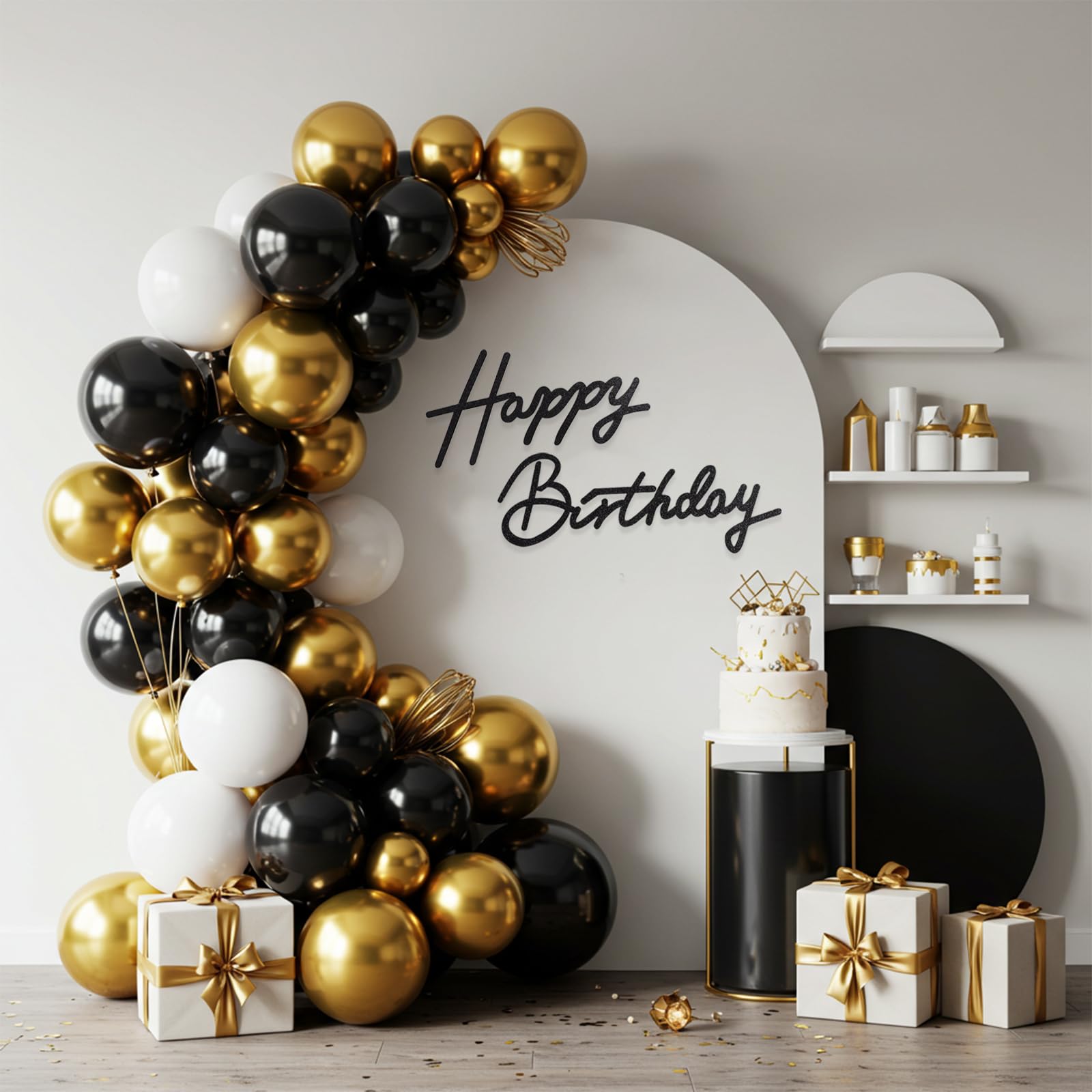 TONIFUL Happy Birthday Sign for Backdrop — Glitter Black Felt Banner with Glue