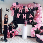 TONIFUL 35Pcs Black Pink Happy Birthday Decorations Kit – 16 Inch Foil Letter Banner & Star Balloons