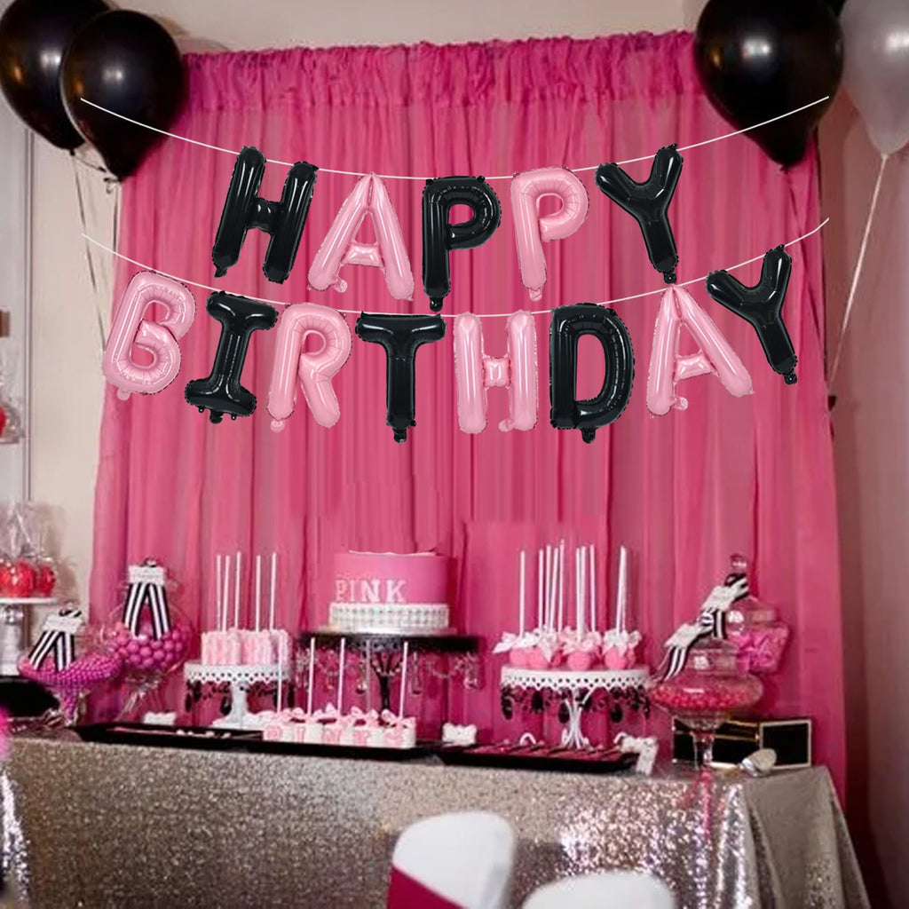TONIFUL Happy Birthday Foil Letters Banner — 16-Inch Mylar Balloons, Reusable Black Pink Birthday Party Decorations