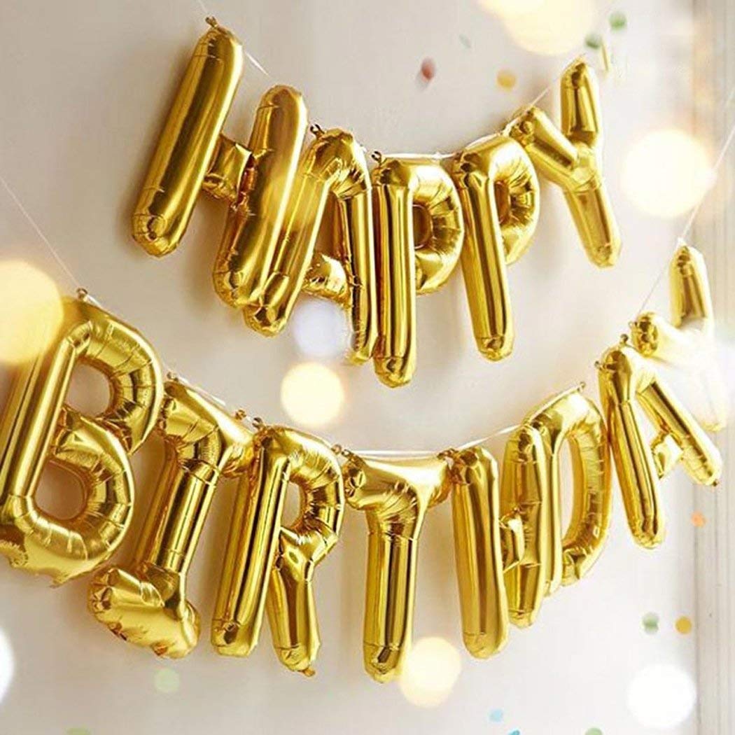 TONIFUL 3D Gold Happy Birthday Balloons Banner — 16" Foil Letter Banner with Ribbon & Straw