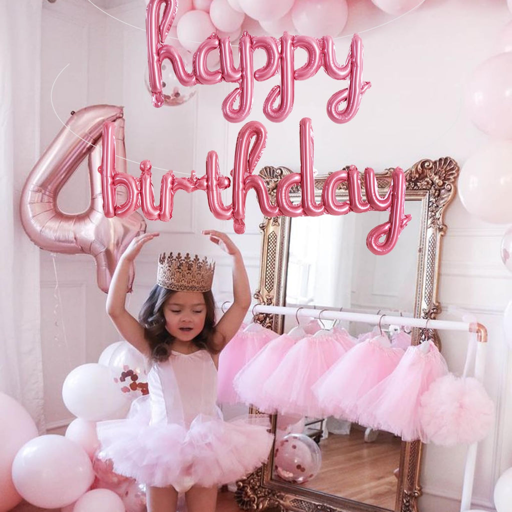 TONIFUL Pink Happy Birthday Balloons – 16-Inch Foil Script Banner, Reusable Party Decor