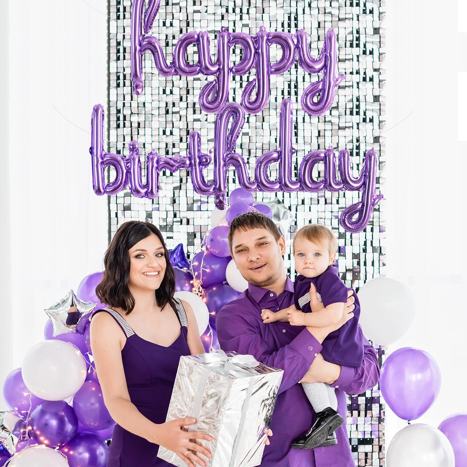TONIFUL Purple Happy Birthday Balloons — 16-Inch Mylar Foil Script Banner, Reusable Party Decor
