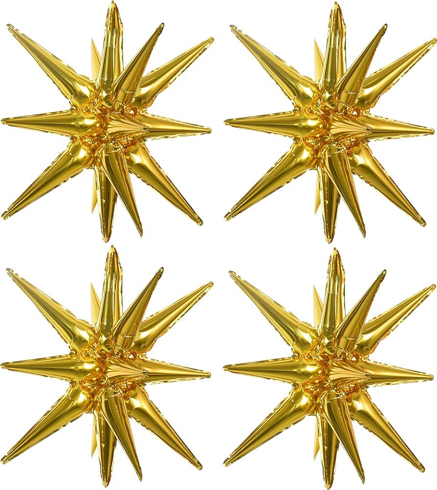 TONIFUL 4Pcs 22in 4D Gold Star Balloons – Explosion Star Mylar Foil Backdrop Decor for Parties