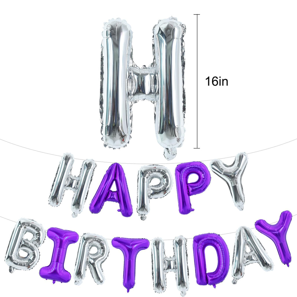 TONIFUL Happy Birthday Foil Letter Balloons – 16in Purple Silver Banner with Ribbon & Straw
