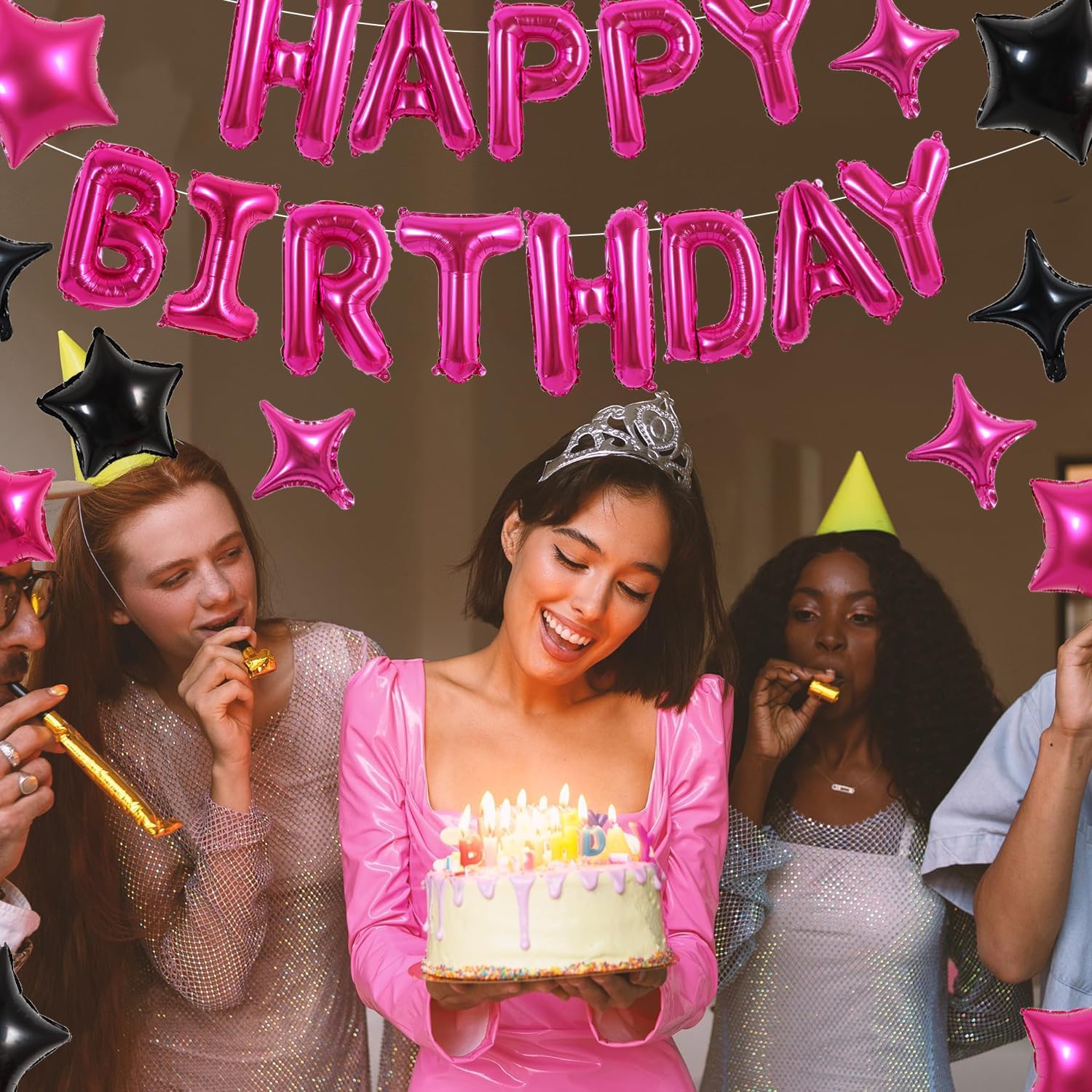 TONIFUL 35PCS 16-Inch Hot Pink Happy Birthday Balloon Banner with Stars