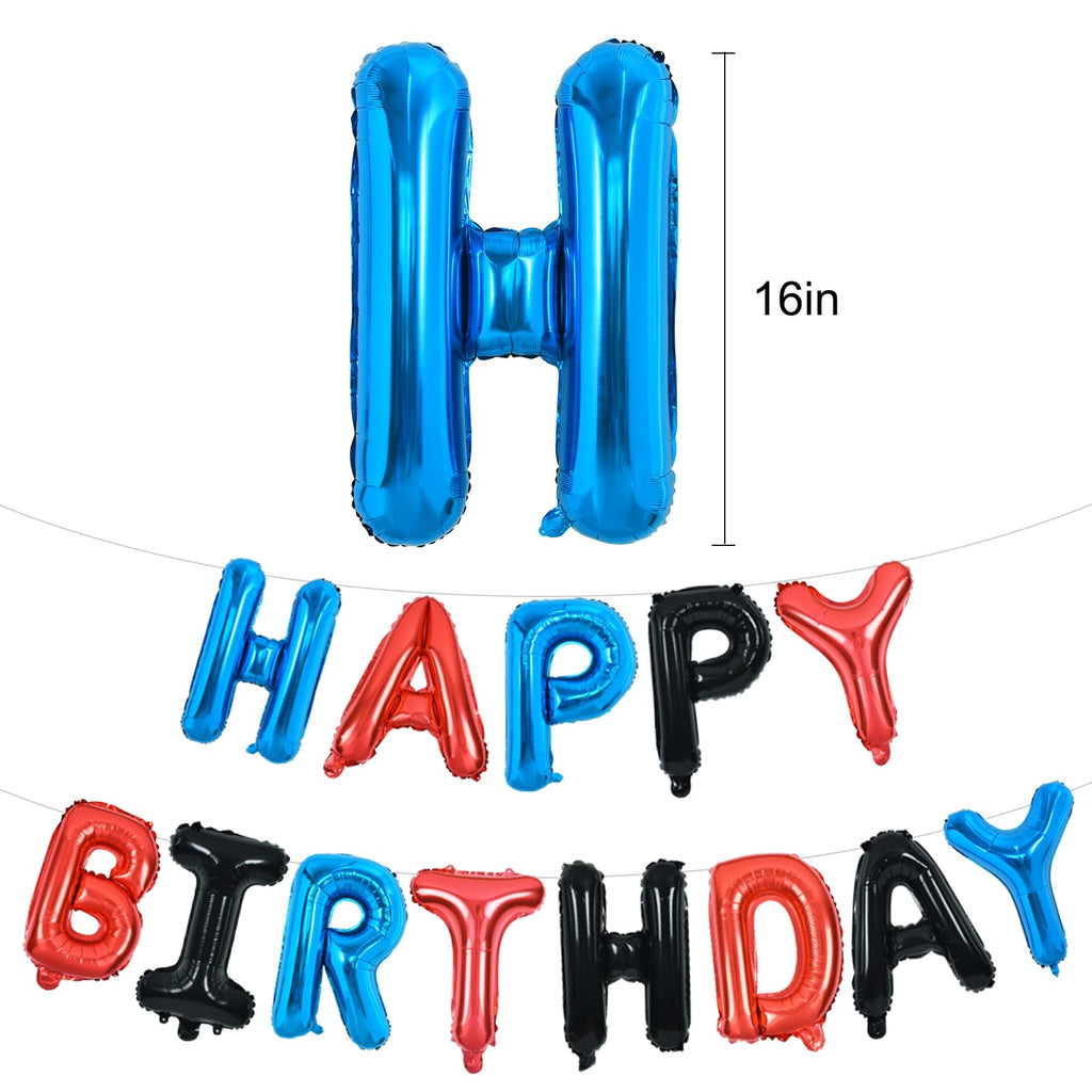 TONIFUL Happy Birthday Balloons with Ribbon Straw – 16-Inch Foil Letter Banner (Blue/Red/Black)