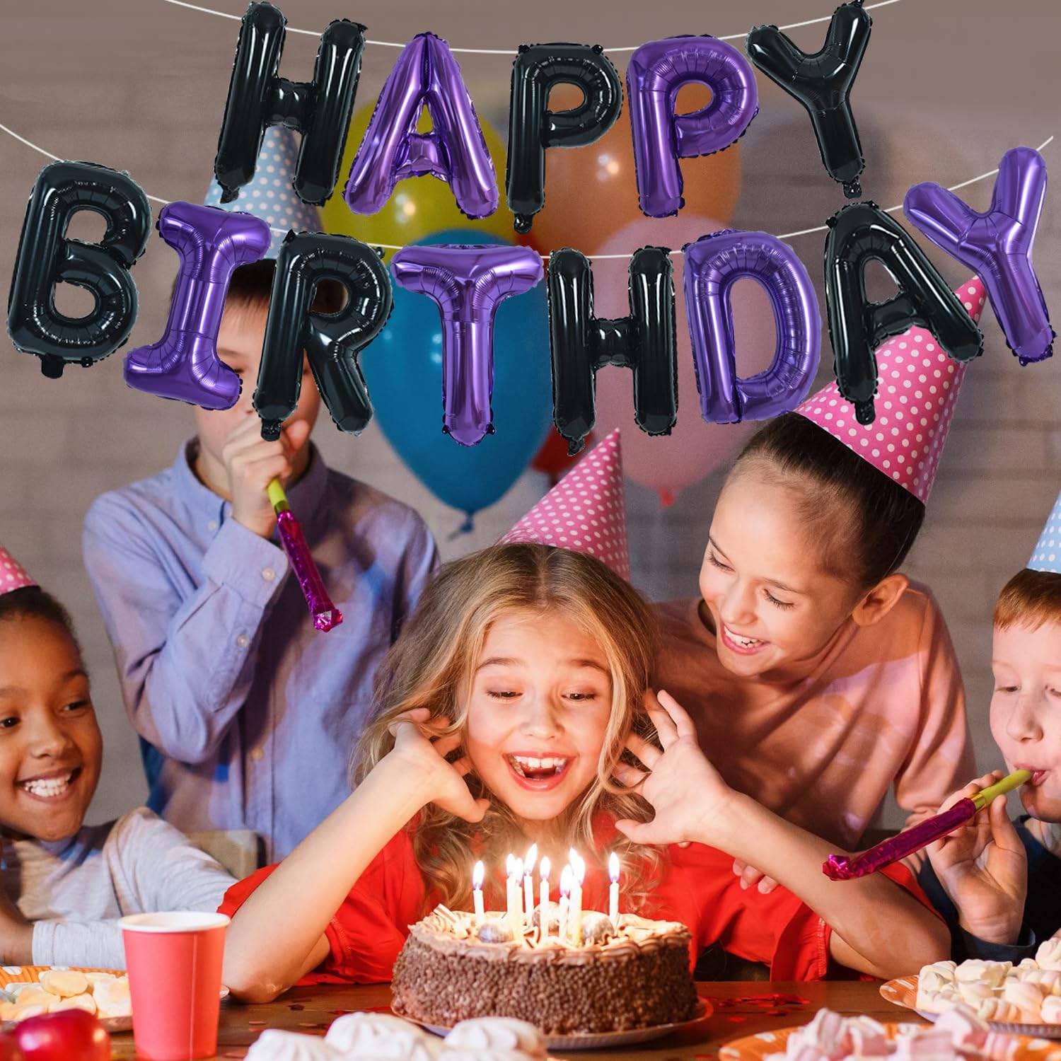 TONIFUL Happy Birthday Banner - 16 Inch Mylar Foil Letters, Reusable Party Decoration (Black Purple)