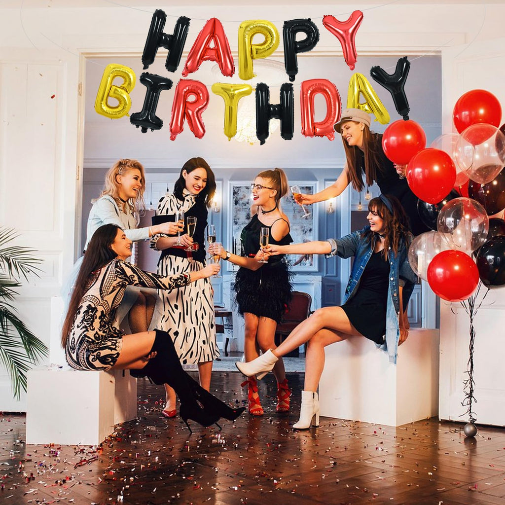 TONIFUL Happy Birthday Balloons Banner - 16inch Foil Letters, Reusable Party Decor (Black Red Gold)