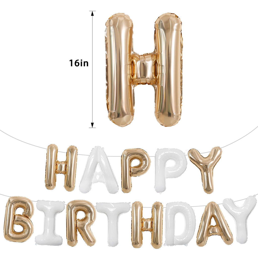 TONIFUL Happy Birthday Balloons Banner - 16-Inch Foil Letters in Champagne Gold & White | Reusable Party Decor