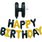 TONIFUL Happy Birthday Balloons Banner - 16 Inch Mylar Letters with Ribbon and Straw, Reusable Black Gold Birthday Decor