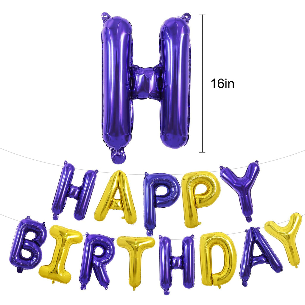 TONIFUL Happy Birthday Balloons with Ribbon Straw – 16-Inch Purple Gold Mylar Letter Banner