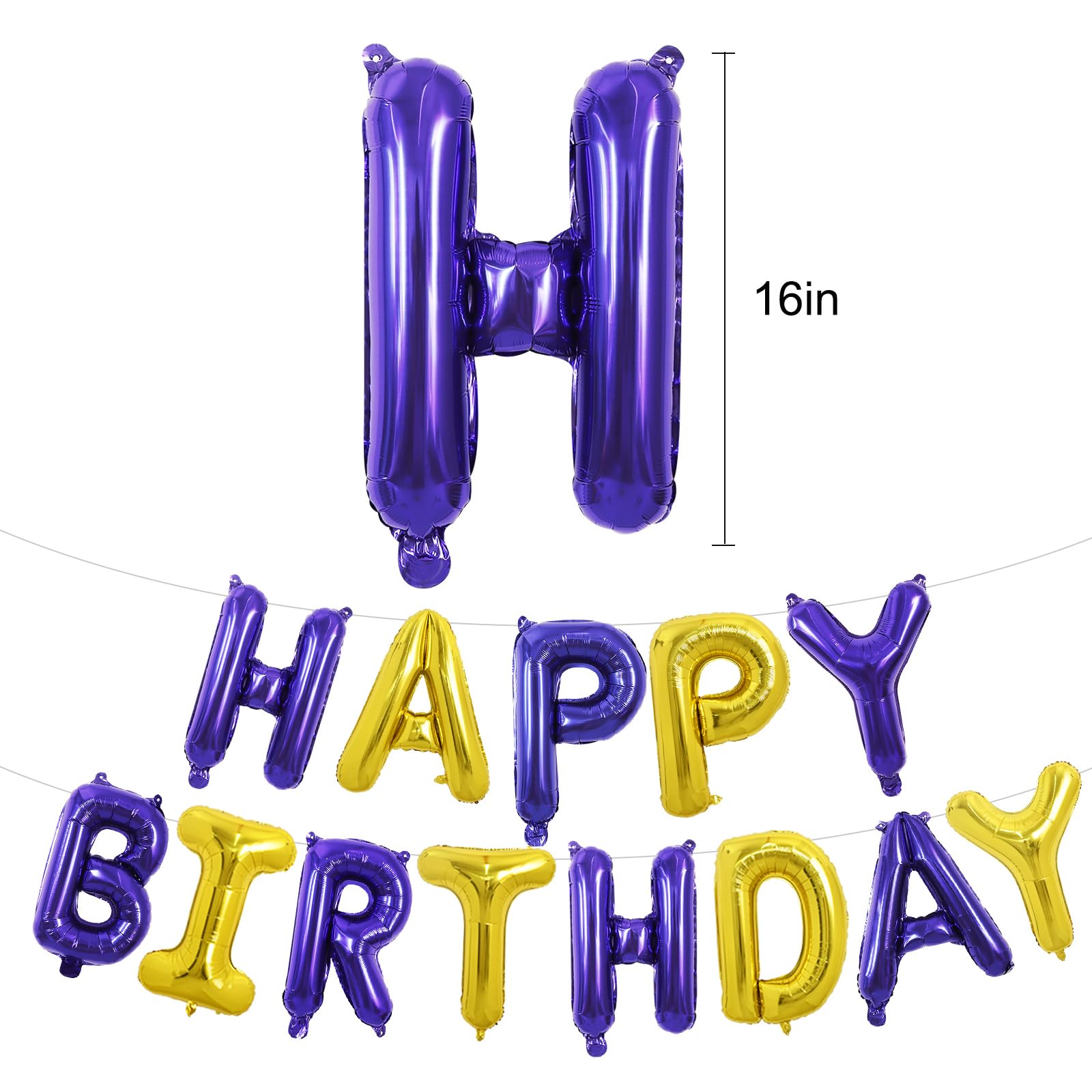 TONIFUL Happy Birthday Balloons with Ribbon Straw – 16-Inch Purple Gold Mylar Letter Banner