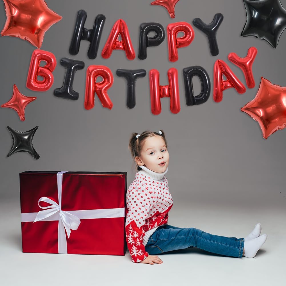 TONIFUL 35PCS 16-Inch Black & Red Happy Birthday Balloon Banner with Star Balloons