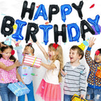 TONIFUL Happy Birthday Banner with Ribbon Straw – 16 Inch Mylar Letter Balloons, Reusable Black & Blue
