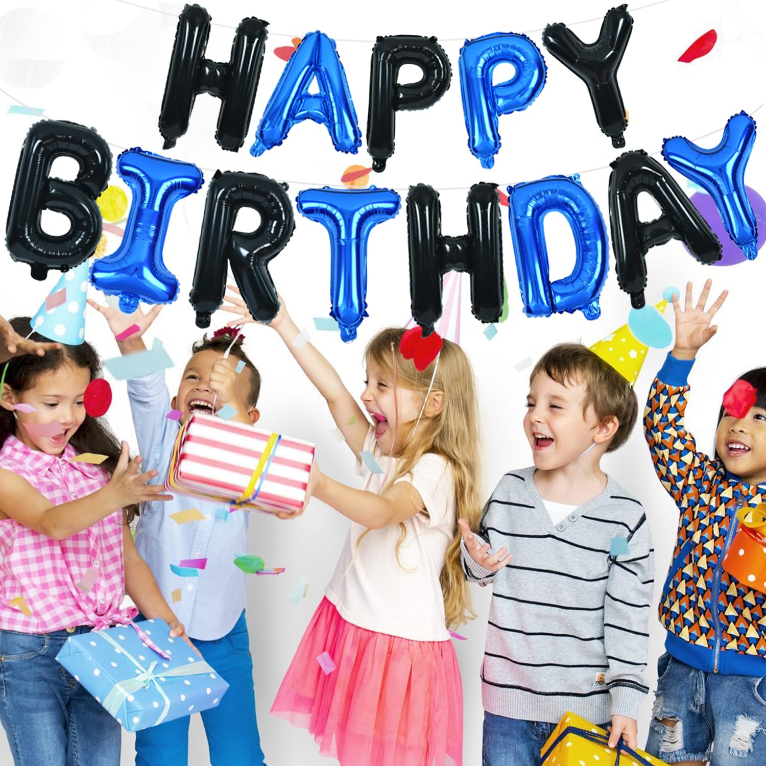TONIFUL Happy Birthday Banner with Ribbon Straw – 16 Inch Mylar Letter Balloons, Reusable Black & Blue
