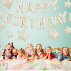 TONIFUL 31PCS Cream White Happy Birthday Decorations – 16in Letter Banner, Star & Heart Foil Balloons