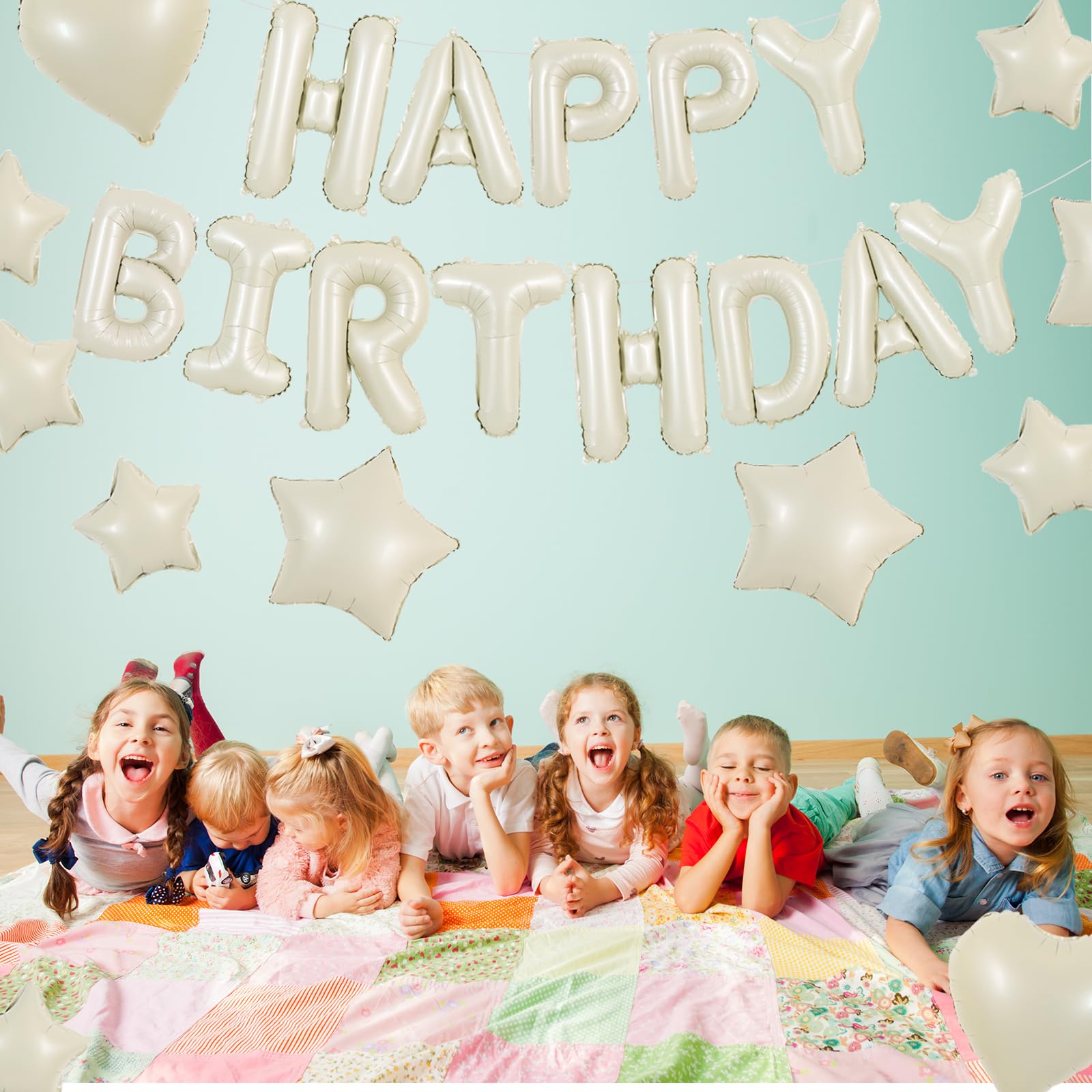 TONIFUL 31PCS Cream White Happy Birthday Decorations – 16in Letter Banner, Star & Heart Foil Balloons
