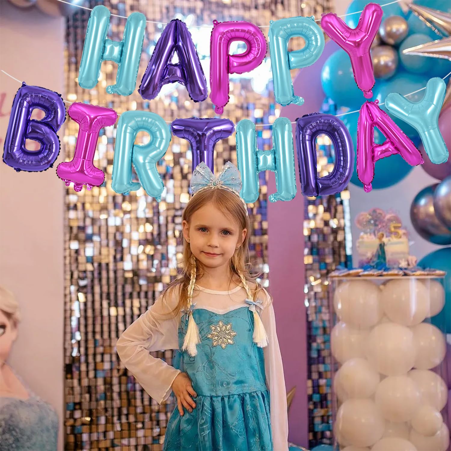 TONIFUL Happy Birthday Balloons Banner with Ribbon Straw – 16 Inch Foil Letter Banner, Reusable Party Decor