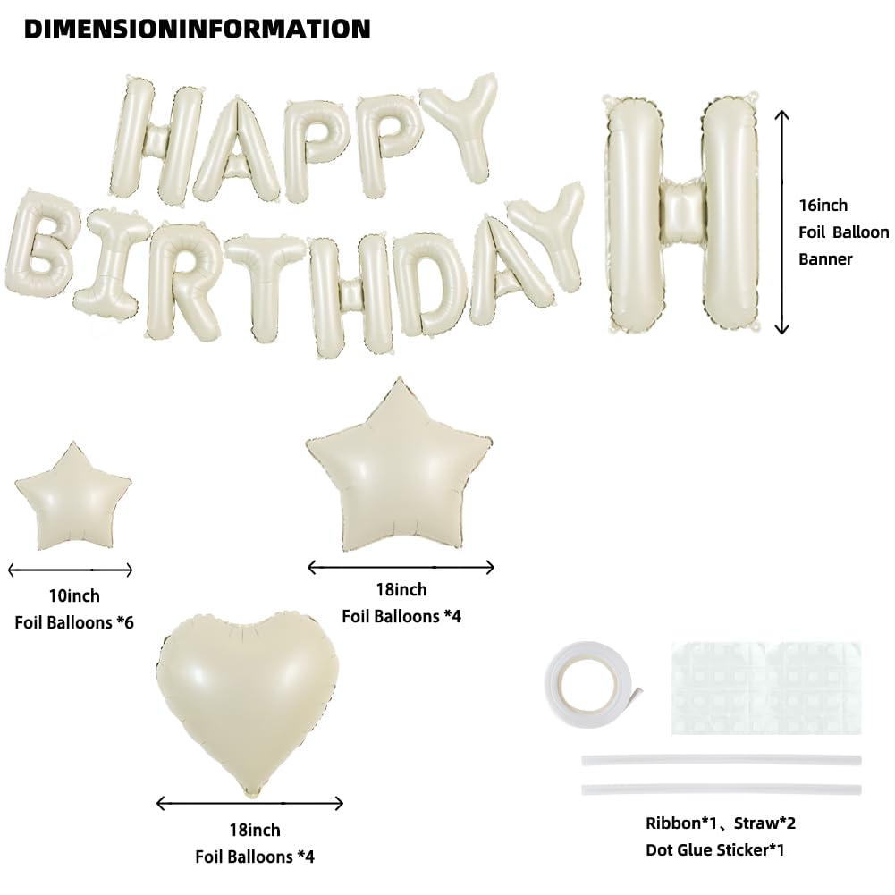TONIFUL 31PCS Cream White Happy Birthday Decorations – 16in Letter Banner, Star & Heart Foil Balloons