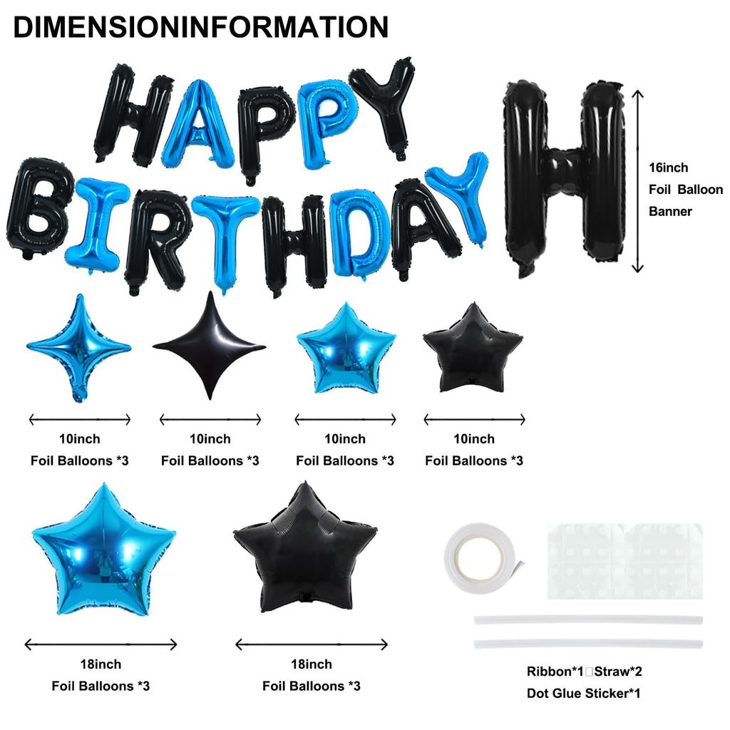 TONIFUL 35PCS Black Blue Happy Birthday Decorations Kit – 16in Foil Letter Banners & Star Balloons