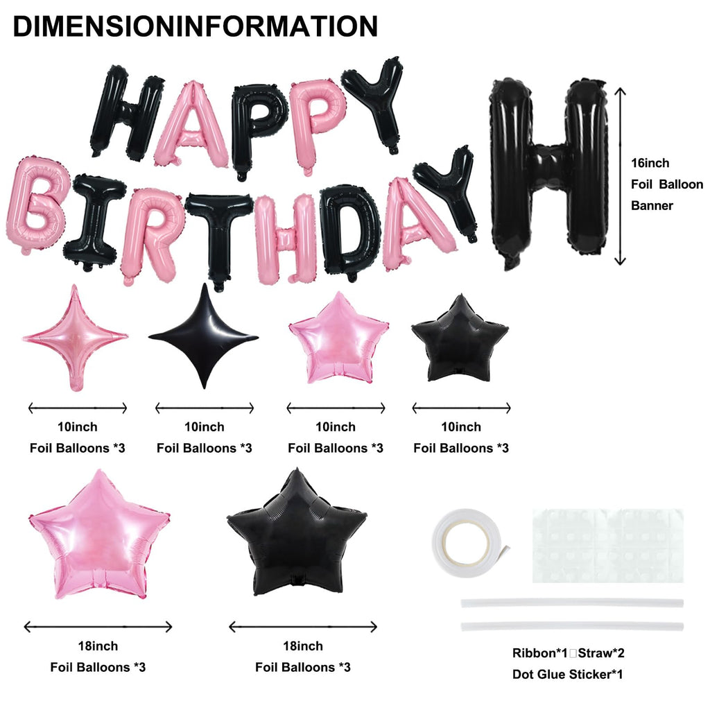 TONIFUL 35Pcs Black Pink Happy Birthday Decorations Kit – 16 Inch Foil Letter Banner & Star Balloons