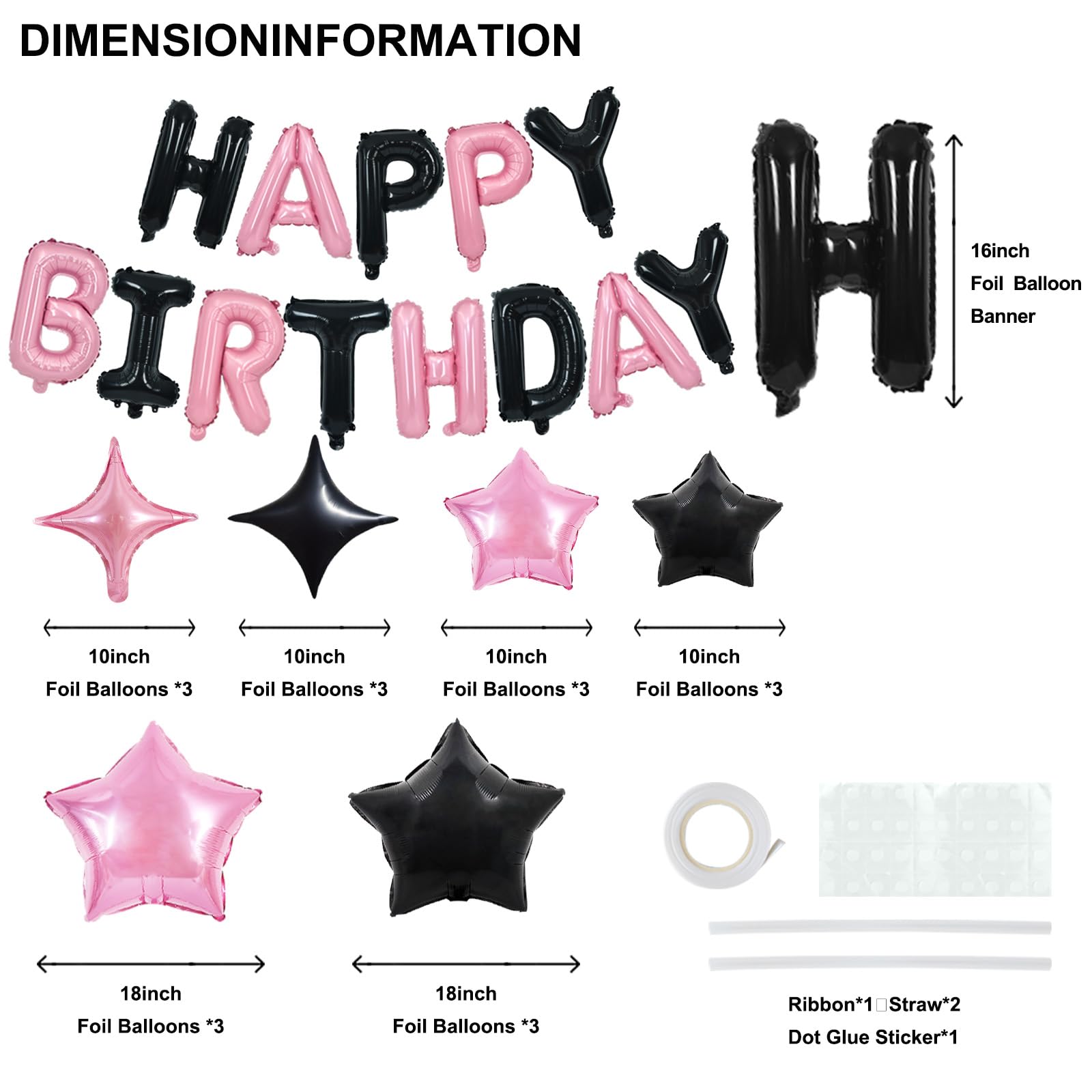 TONIFUL 35Pcs Black Pink Happy Birthday Decorations Kit – 16 Inch Foil Letter Banner & Star Balloons