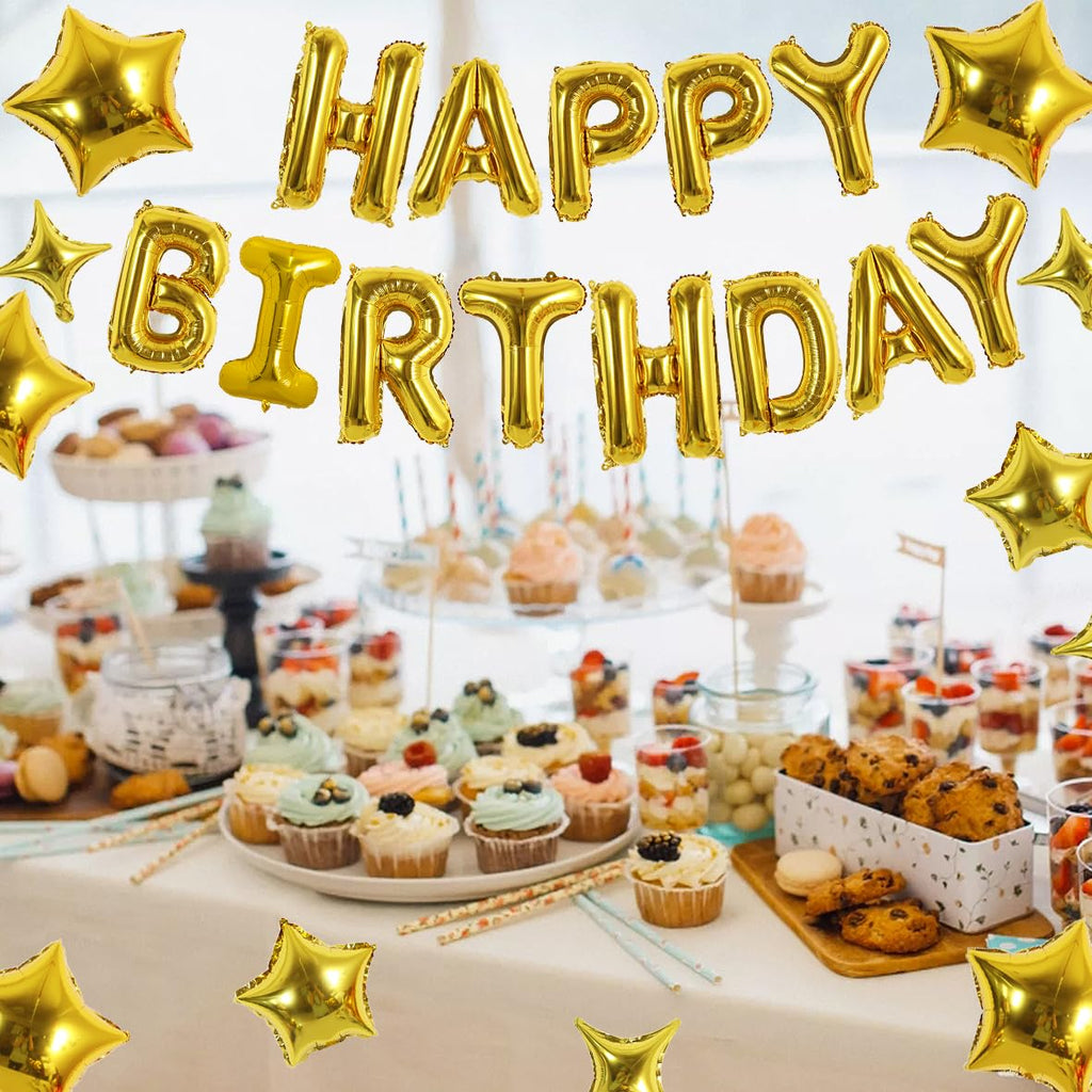 TONIFUL Gold 35PCS Happy Birthday Decorations Kit — 16-Inch Letter Banner + Star Balloons