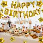 TONIFUL Gold 35PCS Happy Birthday Decorations Kit — 16-Inch Letter Banner + Star Balloons