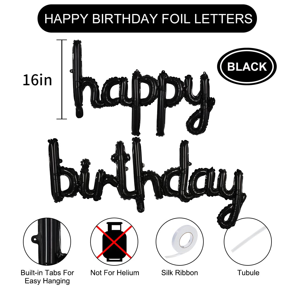 TONIFUL Black Happy Birthday Balloons Banner – 16in Foil Script Sign, Reusable Party Decor
