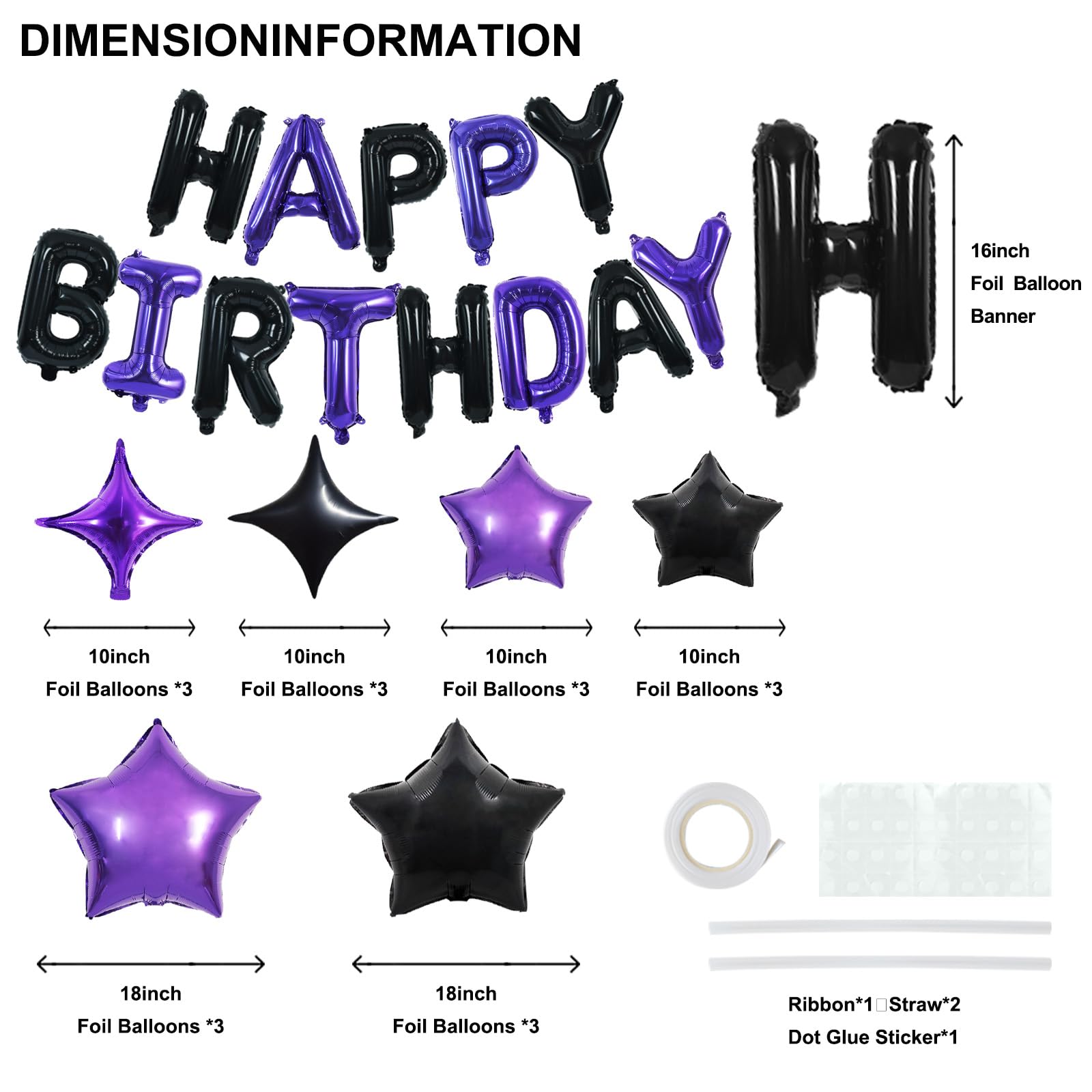 TONIFUL 35PCS Black Purple Happy Birthday Decorations Kit – 16 Inch Letter Balloons & Banner