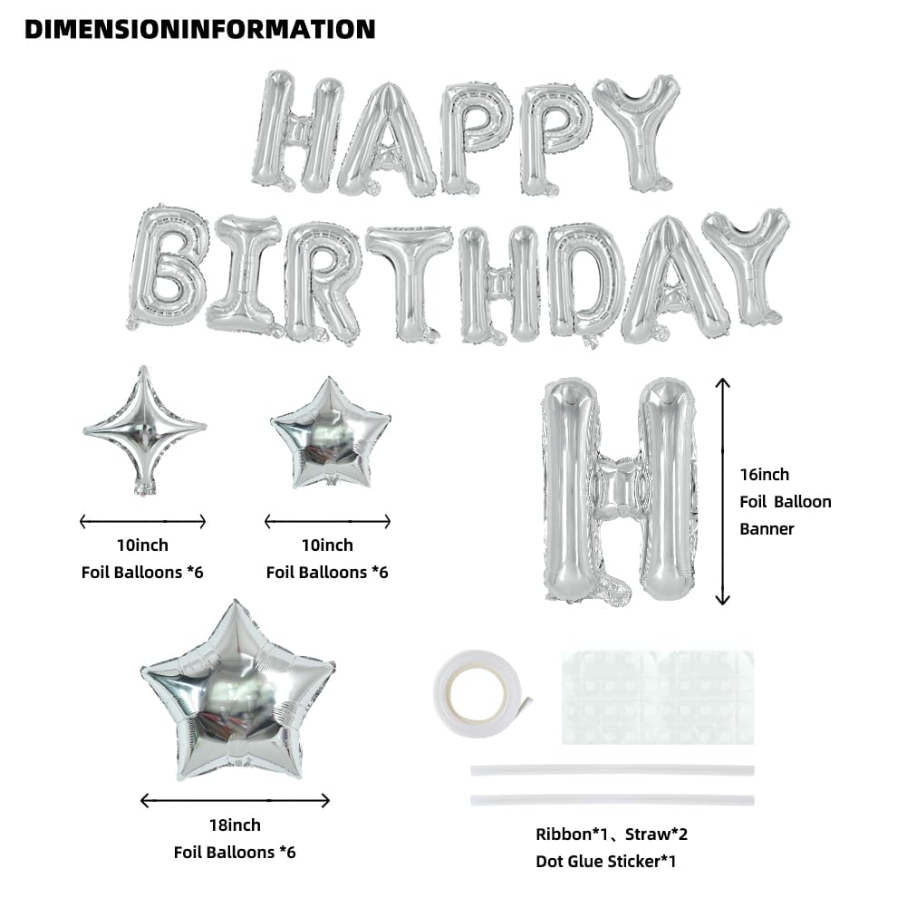 TONIFUL 35PCS Silver Happy Birthday Decorations — 16-Inch Banner + Star Balloons