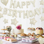 TONIFUL 31PCS Cream White Happy Birthday Decorations – 16in Letter Banner, Star & Heart Foil Balloons