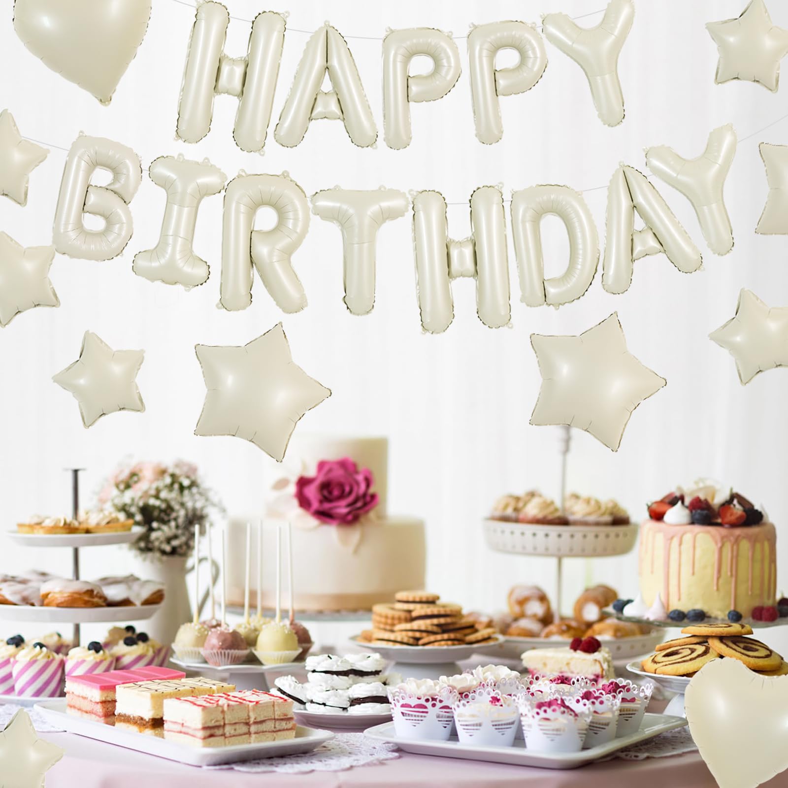 TONIFUL 31PCS Cream White Happy Birthday Decorations – 16in Letter Banner, Star & Heart Foil Balloons