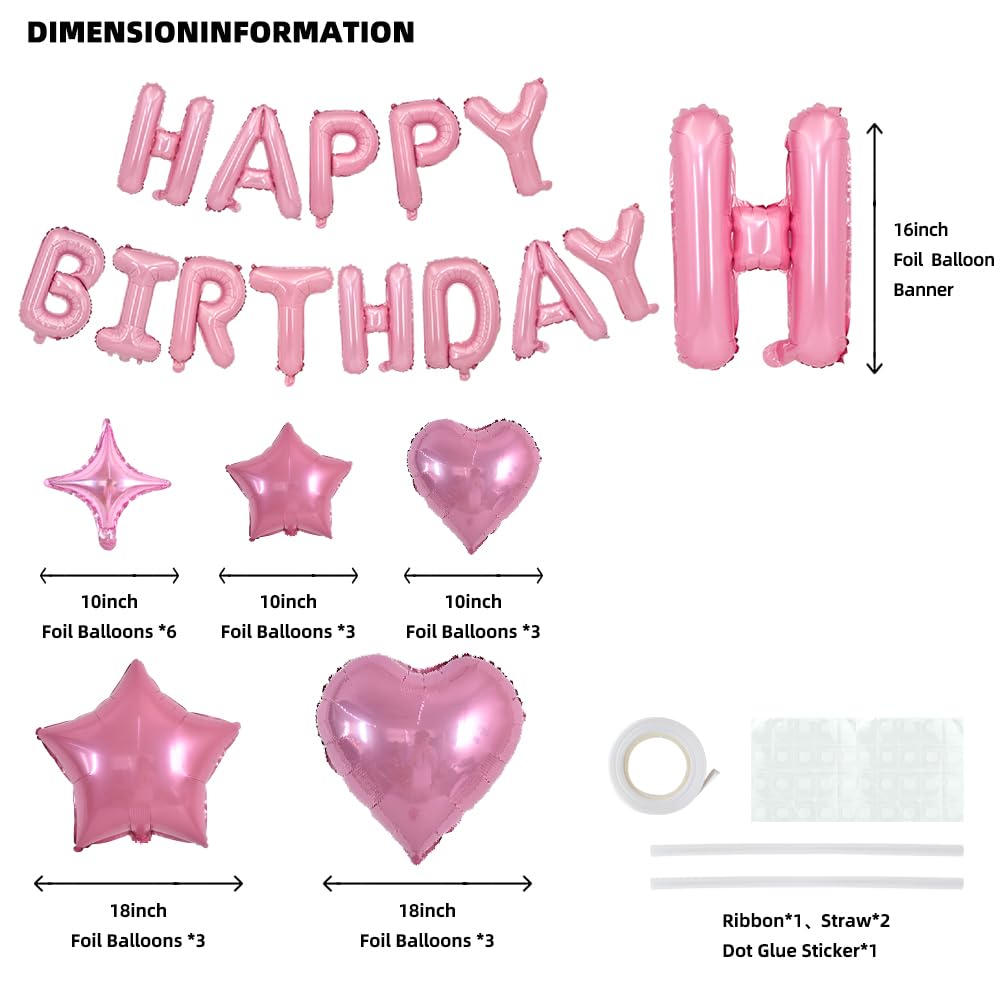 TONIFUL 35PCS Light Pink Happy Birthday Decorations – 16-Inch Foil Letter Banner + Star Balloons