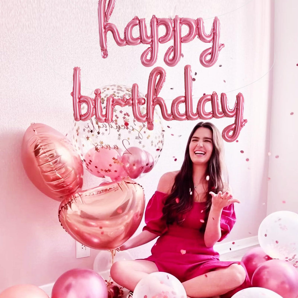 TONIFUL Pink Happy Birthday Balloons – 16-Inch Foil Script Banner, Reusable Party Decor