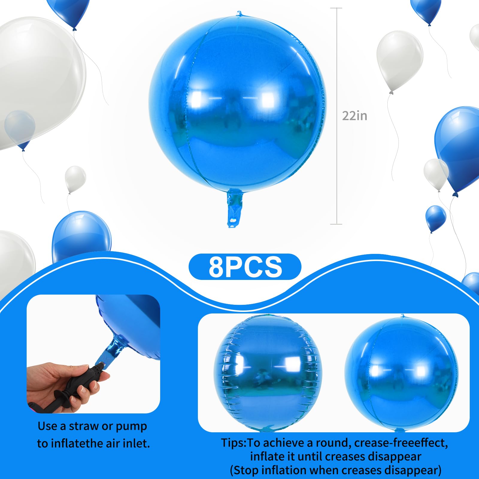 TONIFUL 8Pcs Blue 22-Inch 4D Foil Balloons | Giant Mirror Sephere Mylar Decor