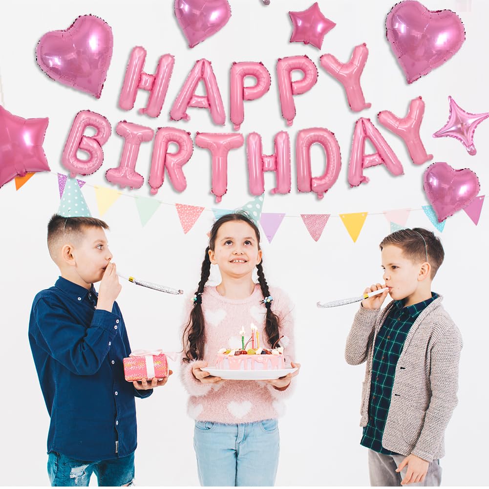 TONIFUL 35PCS Light Pink Happy Birthday Decorations – 16-Inch Foil Letter Banner + Star Balloons