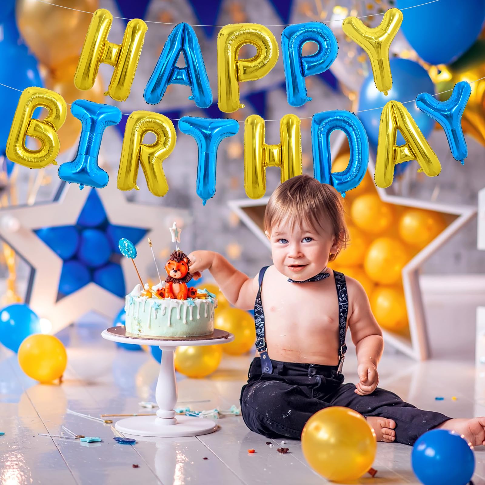 TONIFUL Happy Birthday Foil Letter Balloons 16 Inch Banner – Gold & Blue, Reusable