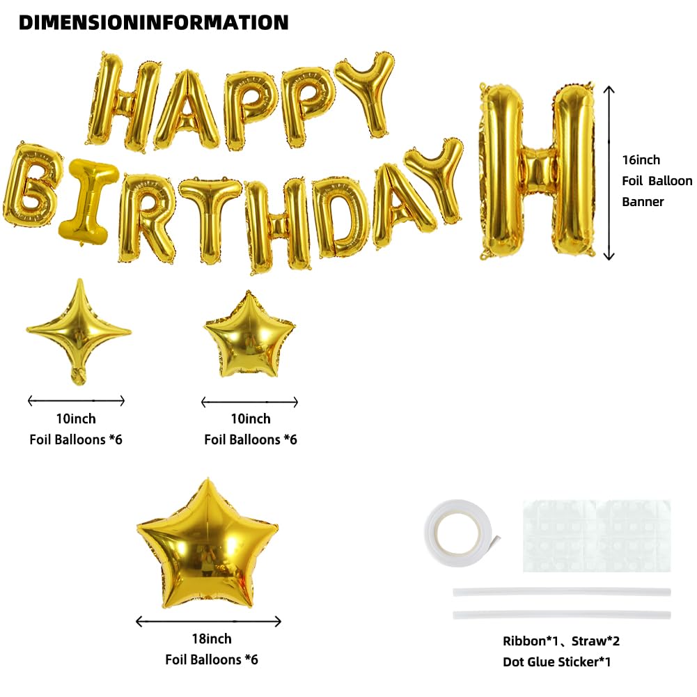 TONIFUL Gold 35PCS Happy Birthday Decorations Kit — 16-Inch Letter Banner + Star Balloons