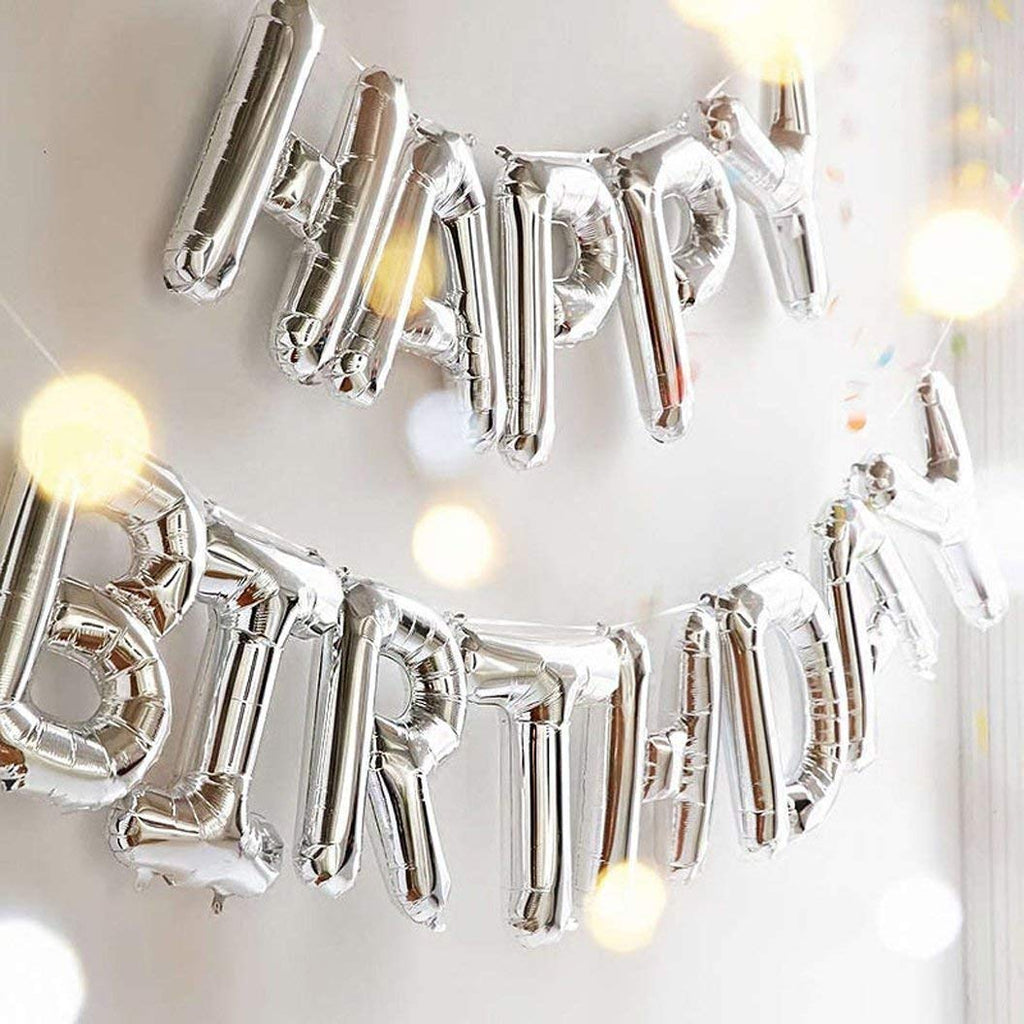 TONIFUL Silver Happy Birthday Banner - 16-Inch Foil Letter Balloons, Reusable Party Decor