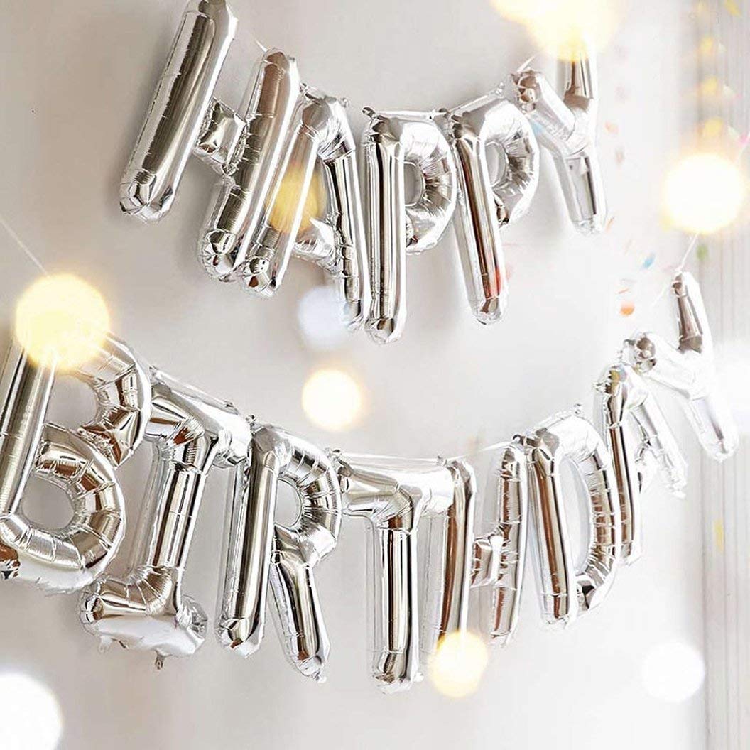 TONIFUL Silver Happy Birthday Banner - 16-Inch Foil Letter Balloons, Reusable Party Decor