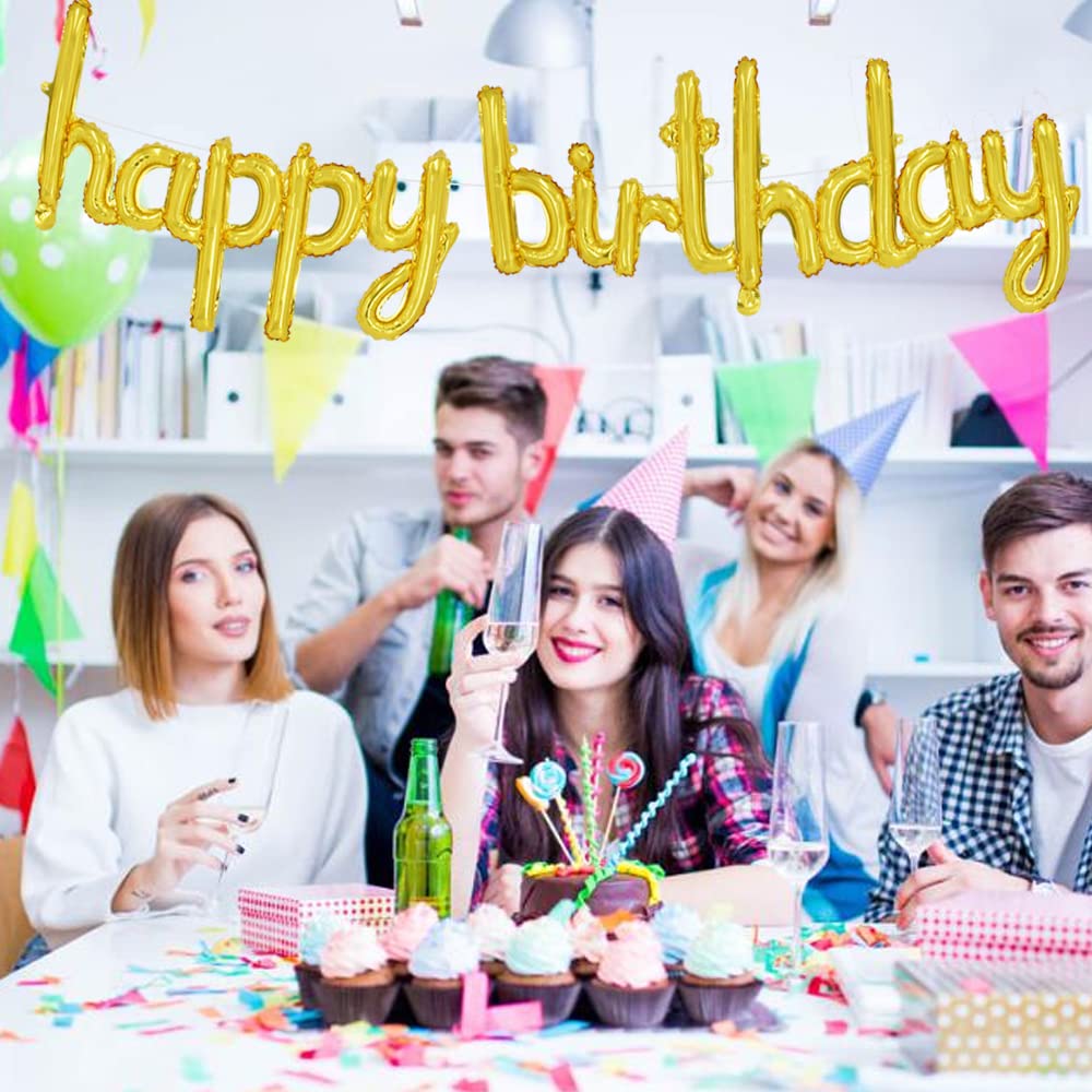 TONIFUL Gold Happy Birthday Balloons Banner – 16-Inch Foil Script Letters