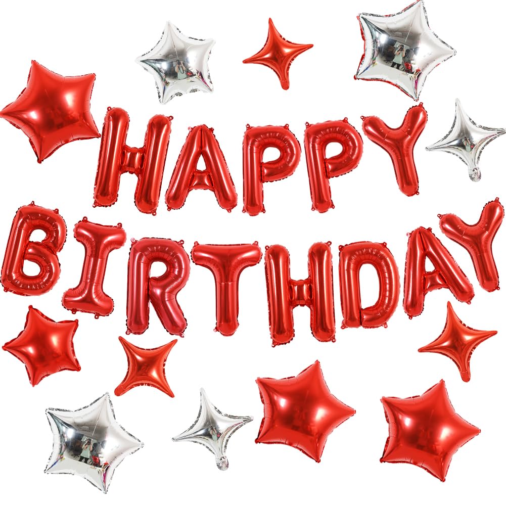 TONIFUL 35PCS Red Happy Birthday Decorations Kit — 16-Inch Balloon Banner + Star Balloons