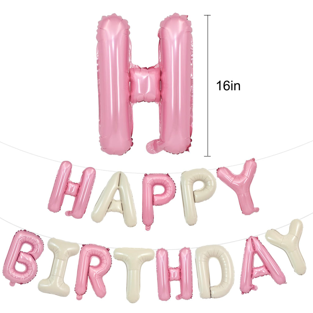 TONIFUL Happy Birthday Foil Letter Balloons 16-Inch with Ribbon & Straw – Reusable Birthday Banner (Cream White Pink)
