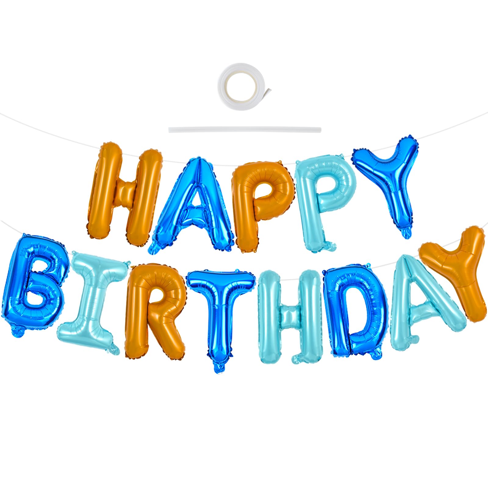TONIFUL Happy Birthday Balloons Banner - 16inch Foil Letter Banner with Straw & Ribbon (Blue & Orange)