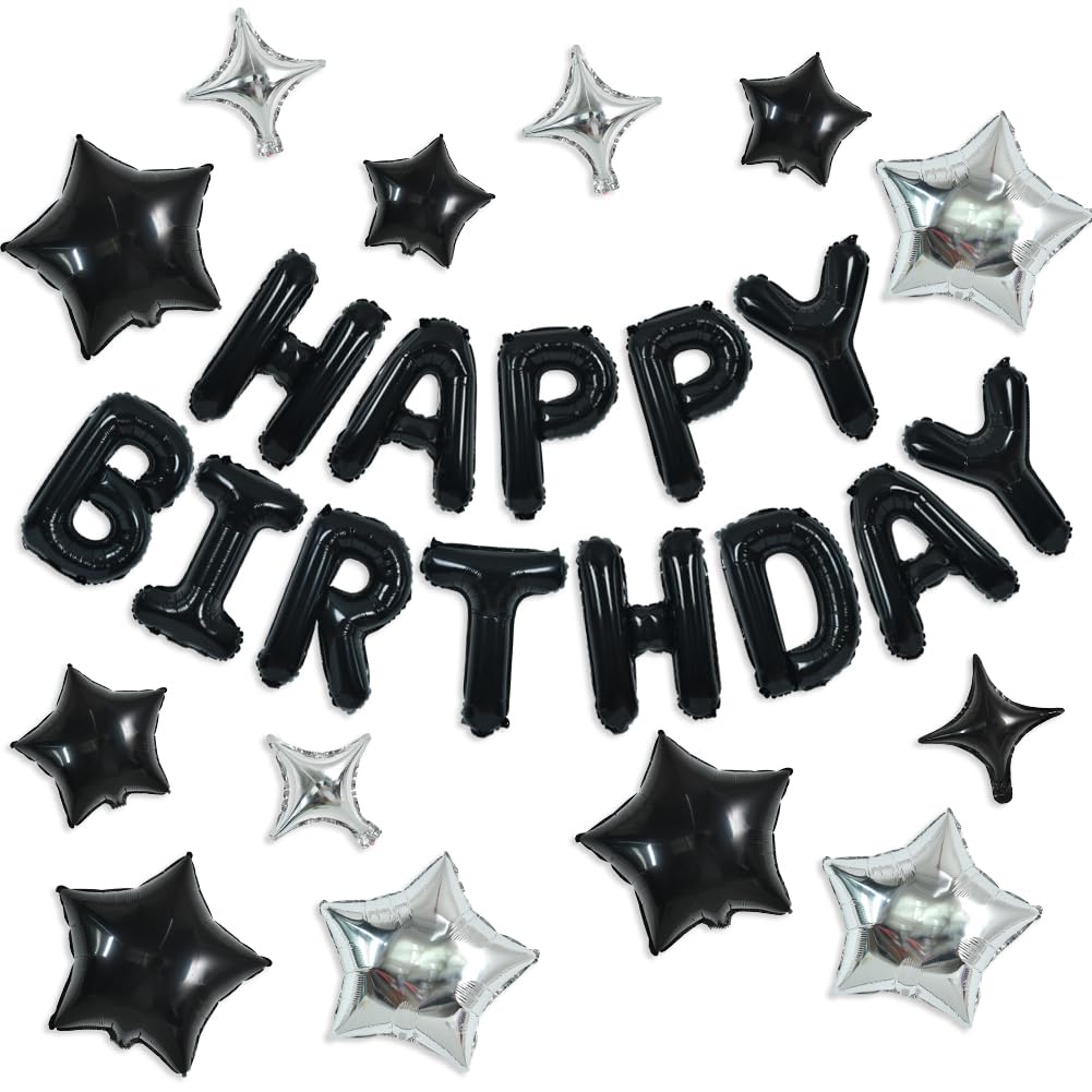 TONIFUL 35PCS Black Happy Birthday Decorations Kit — 16-Inch Letter Banner & Star Balloons